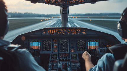Pilot in cockpit preparing for takeoff with runway visible