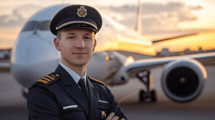Pilot posing in front of commercial airplane with visible landing gear