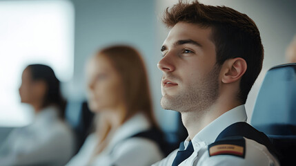 Pilots studying aviation manuals in modern training facility