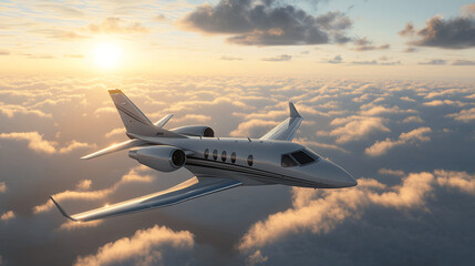 Private jet flying above clouds with gleaming sunlight