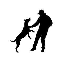 a trainer train the dog vector silhouette, white background