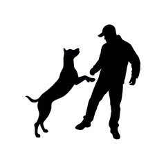 a trainer train the dog vector silhouette, white background