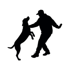 a trainer train the dog vector silhouette, white background