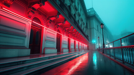 A misty urban street at night with red neon lights illuminating the exterior of a classical building with ornate architecture and columns.