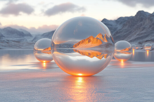 Elegant representation of a VIP symbol that splits into floating orbs, each containing a mini surreal world,