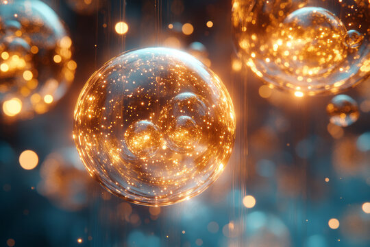Elegant representation of a VIP symbol that splits into floating orbs, each containing a mini surreal world,