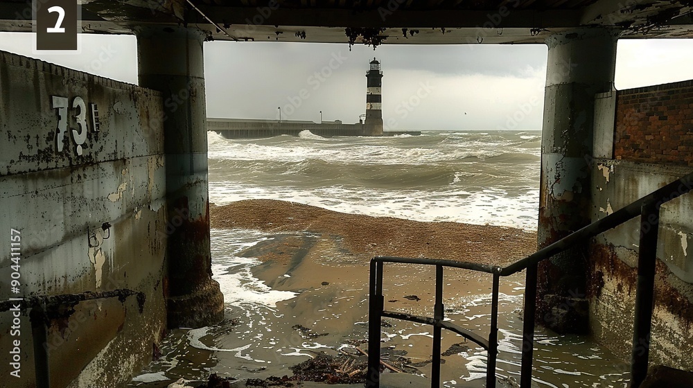 Poster   Lighthouse atop sandy beach beside vast oceanic waves