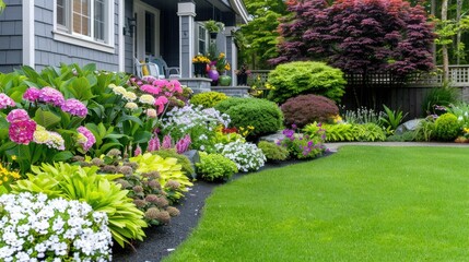 Naklejka premium A coastal cottage is adorned with vibrant spring flowers, creating a picturesque view on a serene day