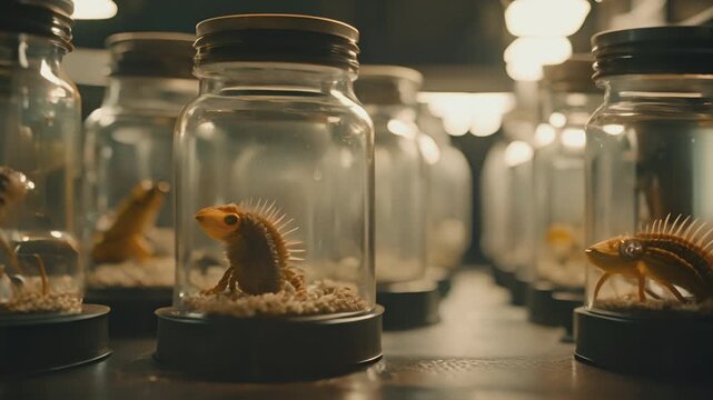 Jars in laboratory with strange alien species, insect reptile mutant chimeras. Animal experiments. Mad scientist laboratory. Horror or sci-fi movie theme, footage. Biohazard. Breeding.