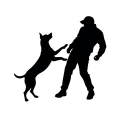 a trainer train the dog vector silhouette, white background