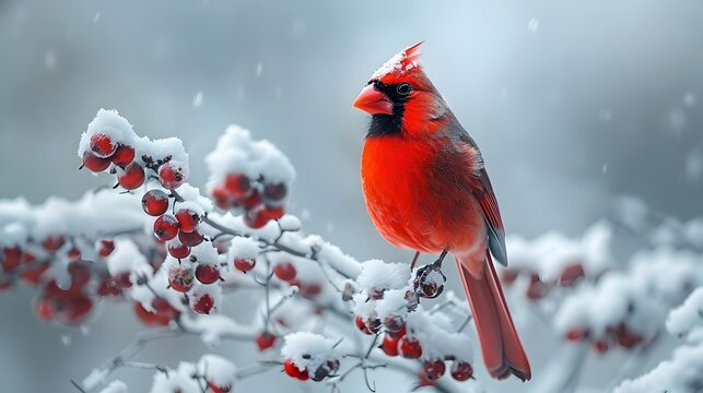 A red cardinal bird is perched on a branch covered in snow