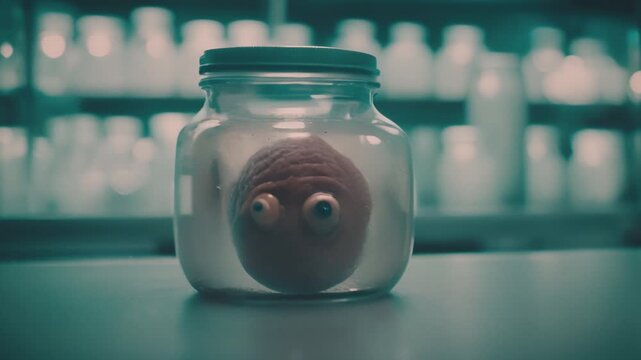 Strange brain or a creature with a pair of eyes in a jar on a metal table in a laboratory. Scientific experiment or an alien body part. Sci-fi horror movie clip. Cinematic style footage. 