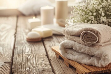 Wooden Table with Spa Bathroom Towels, Accessories, and Decorations with Copy Space