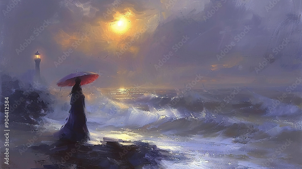 Canvas Prints   A painting depicts a woman holding an umbrella on a moonlit beach, with a lighthouse in the background and another one faintly visible in the distance