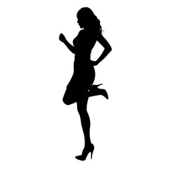 a woman stand with wear high heel, and holding one high heel  isolated white background 