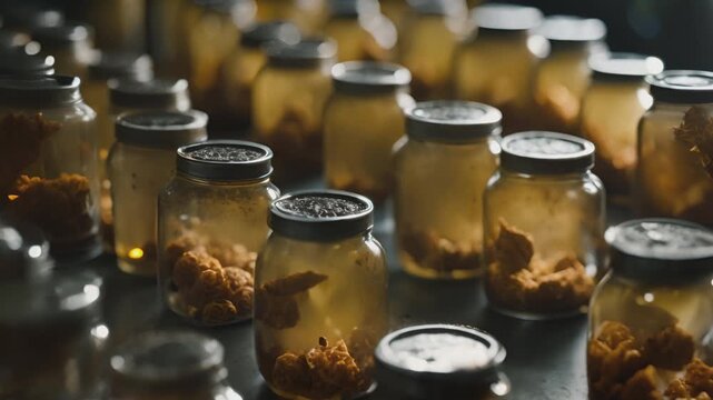Jars full of strange mutated plants or organisms. Alien species. Secret lab, forbidden experiments. Mad scientist laboratory. Horror or sci-fi movie theme, footage. Biohazard. Breeding.