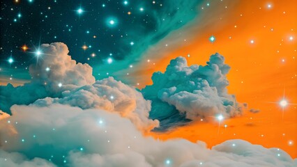 Abstract background with clouds and stars on an orange backdrop. Artistic collage design.
