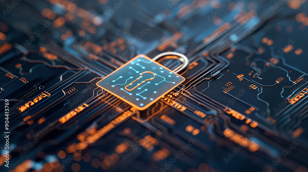 Poster Close-up of a digital padlock symbol on a circuit board, representing cybersecurity and data protection.