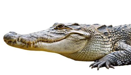 Obraz premium A close-up of a crocodile showcasing its textured skin and distinctive features, highlighting nature's fierce beauty.