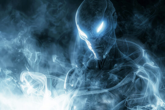 Mystical alien being with glowing eyes and ethereal light in its chest shrouded in swirling mist. Invasion of extraterrestrial and alien abduction concept