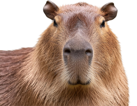 A close-up of a capybara, showcasing its unique features and expressive face, isolated on transparent or white background.