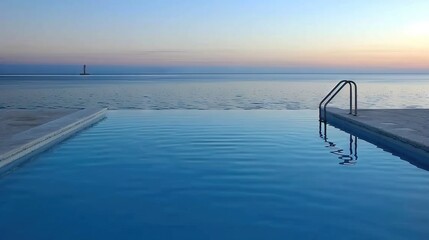   An empty swimming pool with a stunning ocean view and a lighthouse in the distance on a clear day
