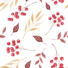 Watercolor autumn seamless pattern with falling leaves and rowan. Botanical repeated texture with floral elements, berries, for the fall season. Fall print with foliage. Natural background.