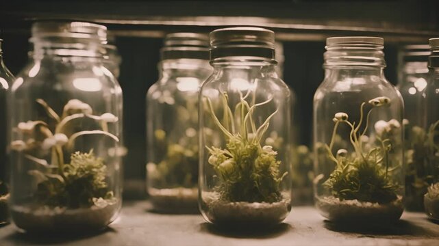 Jars full of strange mutated plants or organisms. Alien species. Secret lab, forbidden experiments. Mad scientist laboratory. Horror or sci-fi movie theme, footage. Biohazard. Breeding.