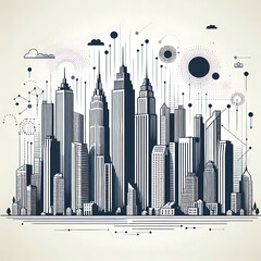 Modell 3D Landschaft in grau mit städtischer Architektur Büro Gebäude Hochhäuser und Linien mit Punkten, wie technische Skizze Daten Ströme Technik technisch Verbindung Kommunikation Markierung