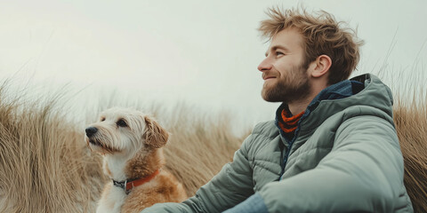 Mann sitzt mit seinem Hund in Dünenlandschaft und lächelt zufrieden © stockmotion