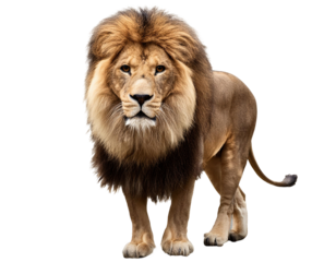 A majestic lion stands confidently, showcasing its regal mane and powerful presence in a stunning close-up. Isolated on transparent or white background.