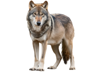 A majestic wolf stands confidently, showcasing its keen eyes and thick fur in a natural pose.