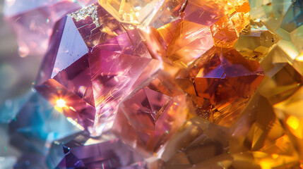 Close-up of a precious gemstone with abstract, vibrant colors and intricate cuts