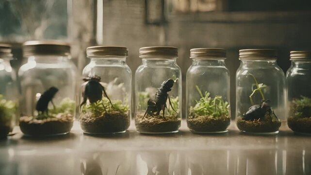 Jars in laboratory with strange alien species, insect reptile mutant chimeras. Animal experiments. Mad scientist laboratory. Horror or sci-fi movie theme, footage. Biohazard. Breeding.