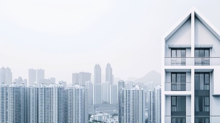 Fototapeta premium A modern house features elegant architecture and well-maintained landscaping under a grey sky, ideal for peaceful living in a serene suburban setting