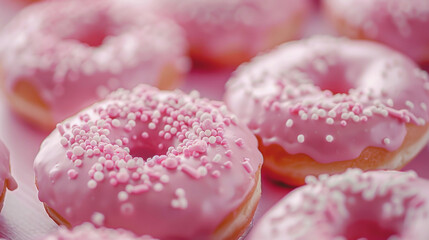 Sweet Pink Frosted Donuts With Sprinkles Displayed on a Bright Surface