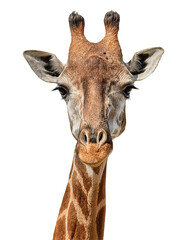 Close-up of a majestic giraffe displaying its unique facial features and elegant markings against a clean background.