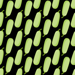 Seamless pattern with a green courgette. Zucchini pattern on a black background.