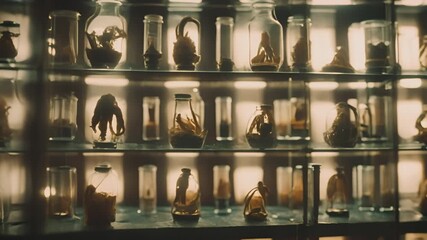 Jars in laboratory with strange alien species, insect reptile mutant chimeras. Animal experiments. Mad scientist laboratory. Horror or sci-fi movie theme, footage. Biohazard. Breeding.