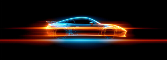 Glowing car shape in blue and orange on black background, with light effects. A dynamic illustration of the silhouette of an electric vehicle driving fast.