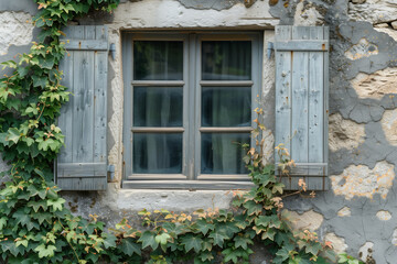 Old window with green ivy on the wall House in vintage style.