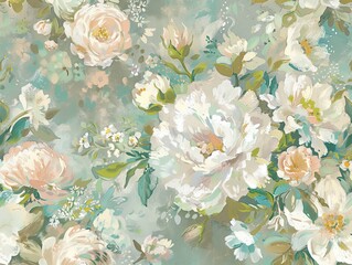 A classic painting of white roses with a green background