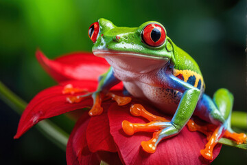 Fototapeta premium The Red-eyed Tree Frog, a symbol of tropical beauty, is captured in perfect detail, showcasing the intricate beauty of nature. The vibrant green body, striking red eye. generative AI
