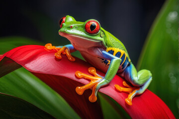The Red-eyed Tree Frog, a symbol of tropical beauty, is captured in perfect detail, showcasing the intricate beauty of nature. The vibrant green body, striking red eye. generative AI