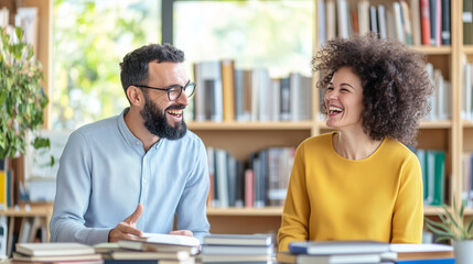 Obraz premium two colleagues, a man and a woman, discussing a project and laughing together in a cozy office filled with books and natural light. Their interaction is friendly and productive, of