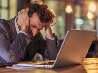 A businessman with a laptop holds his head in despair