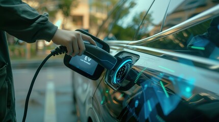 Hand insert EV charger plug into electric vehicle to recharge EV car, battery status display on smartphone EV application. Future alternative clean and sustainable energy for transportation. Perpetual