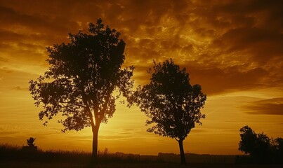 Obraz premium Silhouetted trees against a golden autumn sky, striking contrast, serene beauty