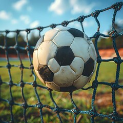 Classic soccer ball in sunset with typical black and white pattern, placed on stadium turf. Traditional football ball on the green grass lawn with copy space.

