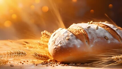 A loaf of traditional homemade bread in a golden wheat field. Warm bright summer day. Sunset light.